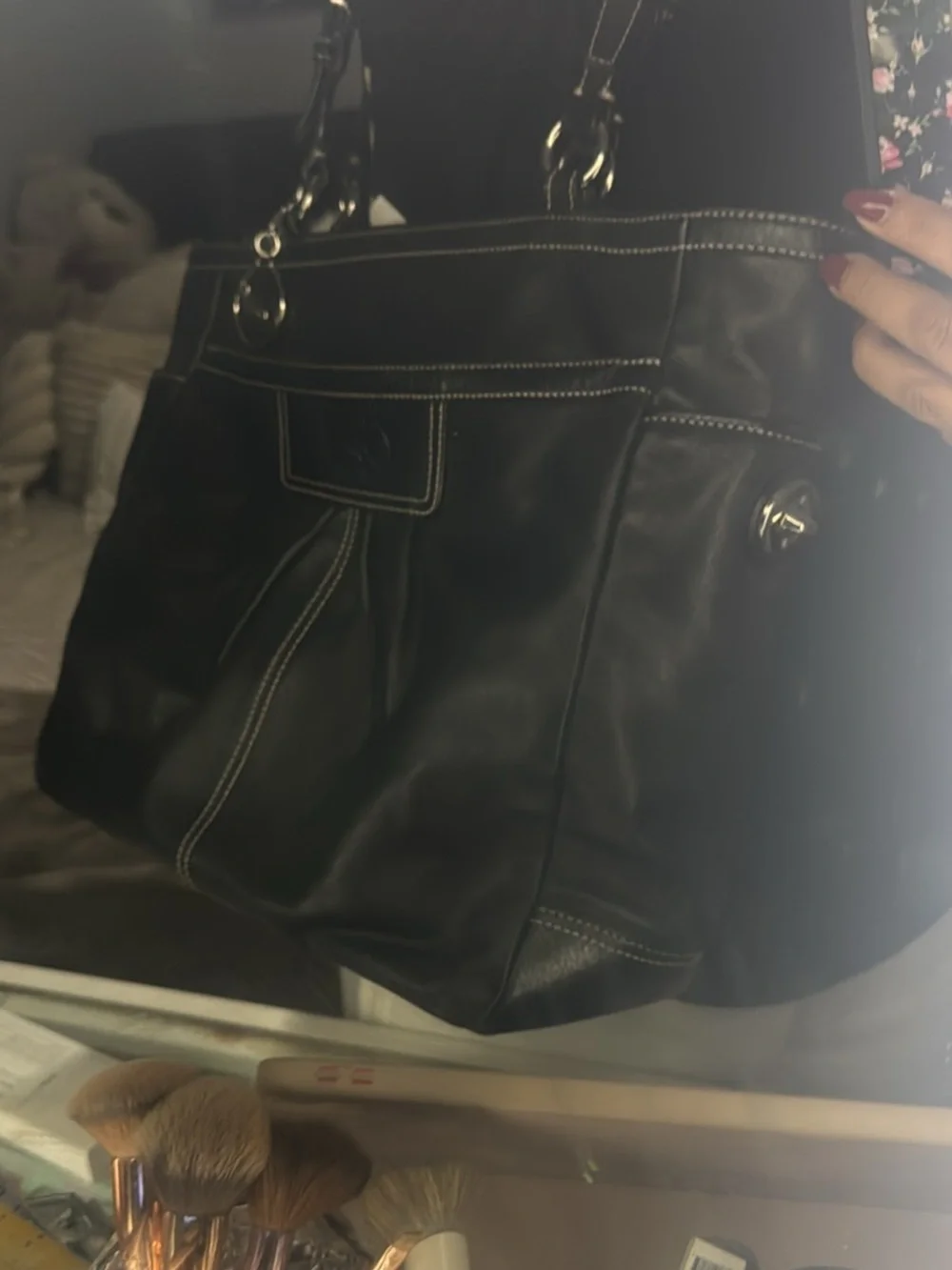 Coach Black Leather Shoulder Bag with Contrast Stitching